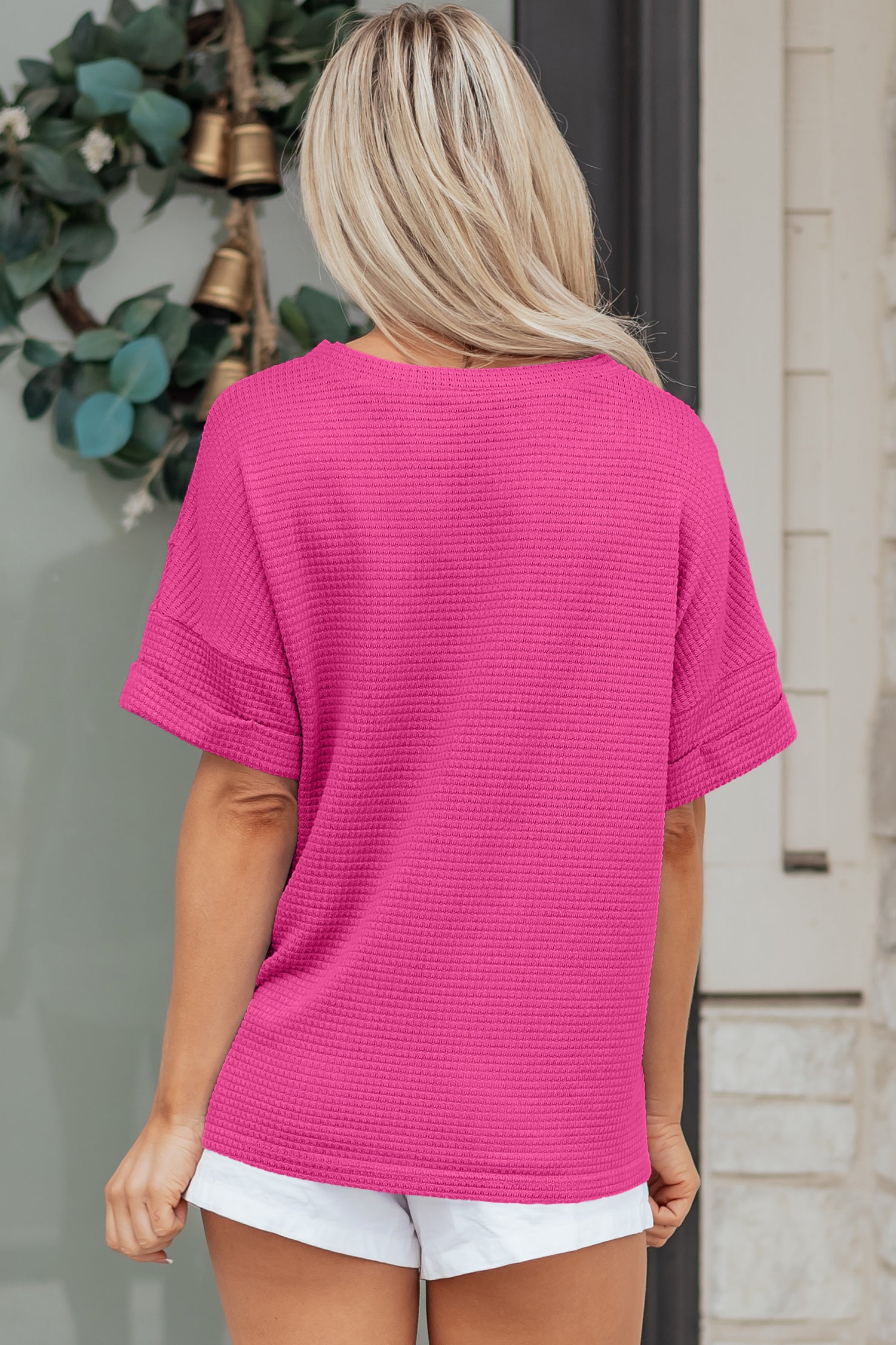 Grapefruit Orange Waffle V Neck Short Sleeve Knit Top
