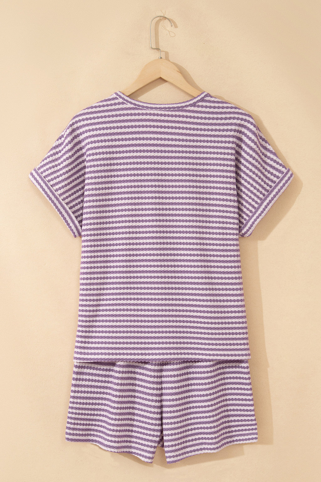 Pink Stripe Breathable Textured Knit Short 2pcs Set