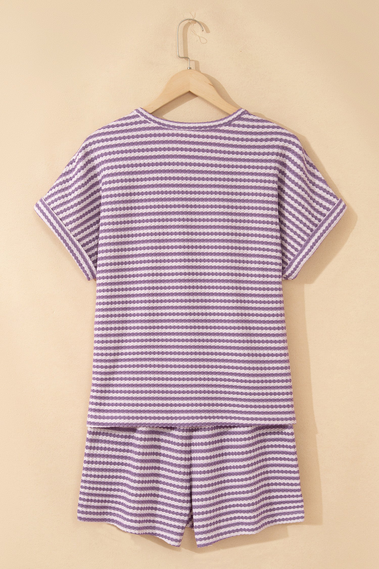 Pink Stripe Breathable Textured Knit Short 2pcs Set