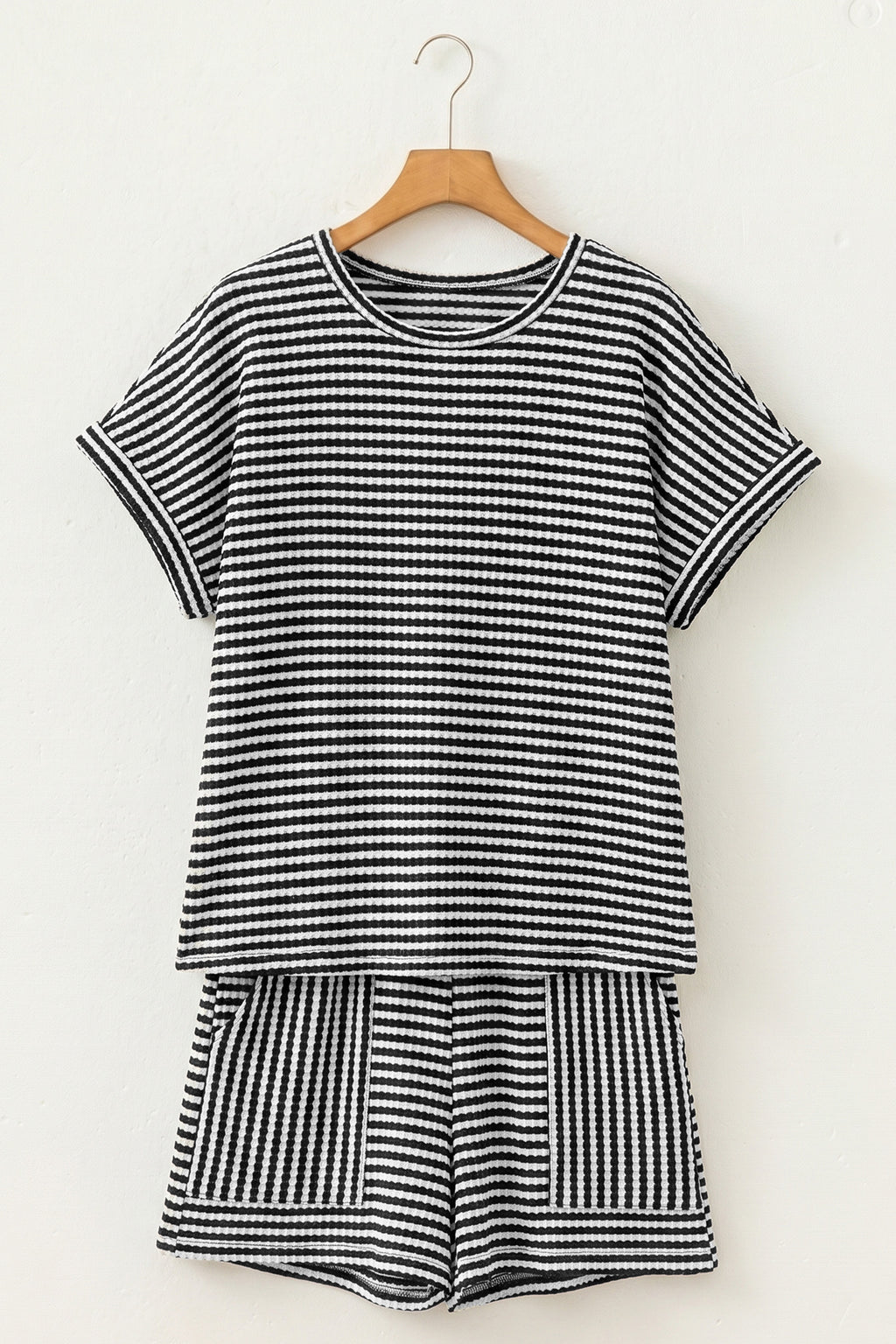 Pink Stripe Breathable Textured Knit Short 2pcs Set