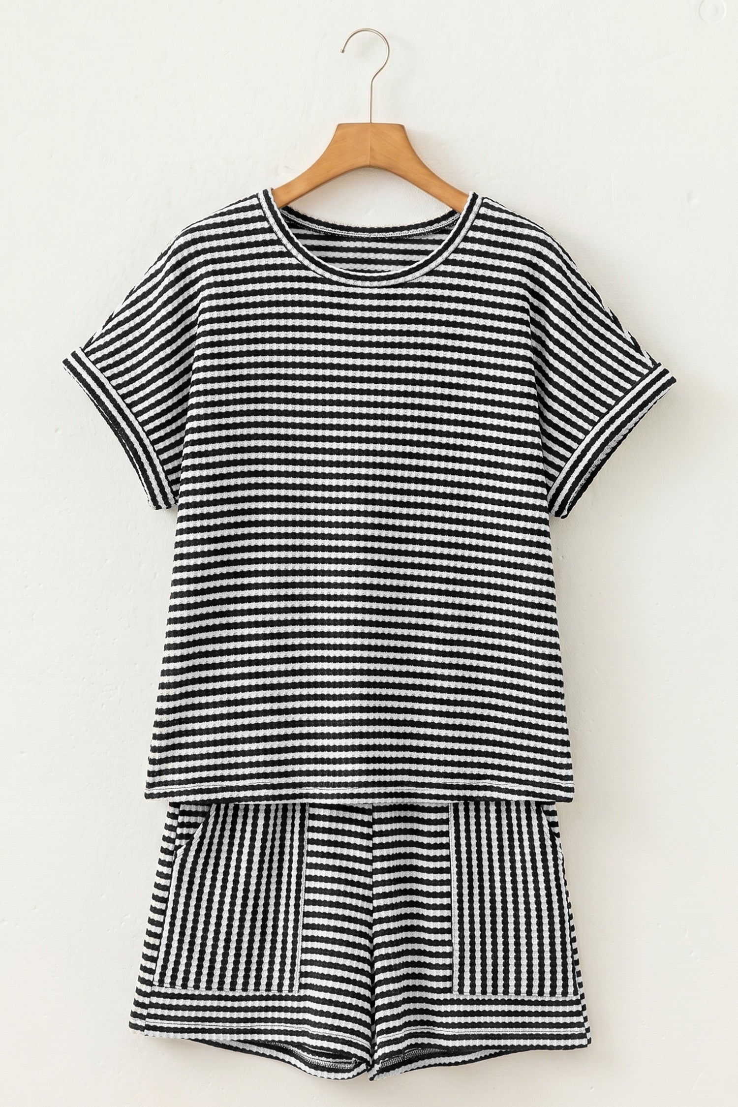 Pink Stripe Breathable Textured Knit Short 2pcs Set