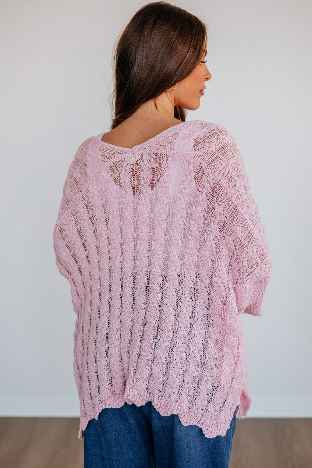 Old Rose Hollowed Pattern Knit Drop Shoulder Open Sweater Cardigan