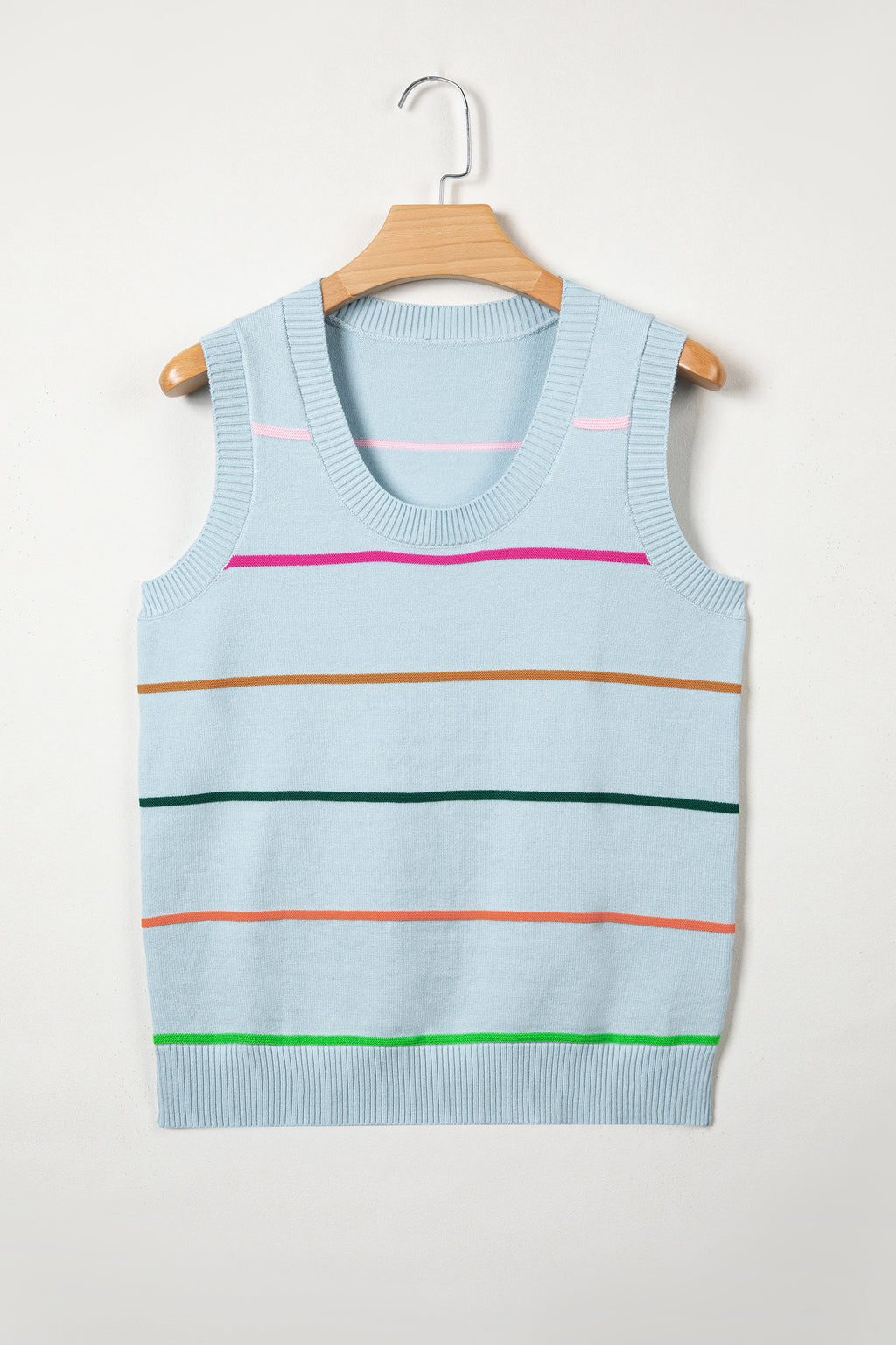 White Stripe Round Neck Knitted Sweater Tank