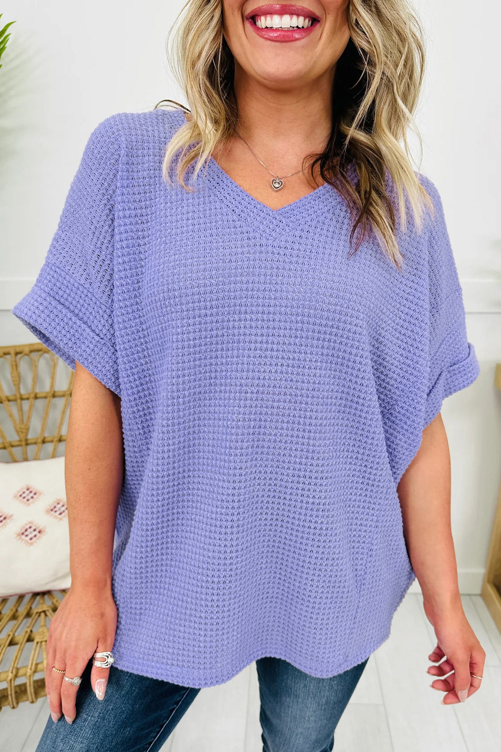 Grapefruit Orange Waffle V Neck Short Sleeve Knit Top