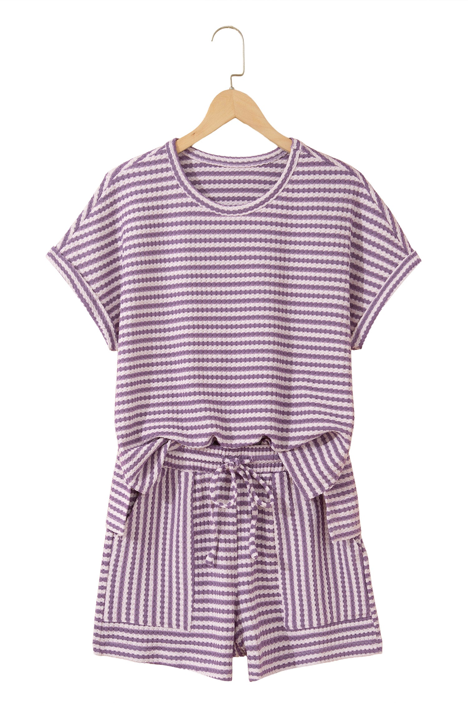 Pink Stripe Breathable Textured Knit Short 2pcs Set