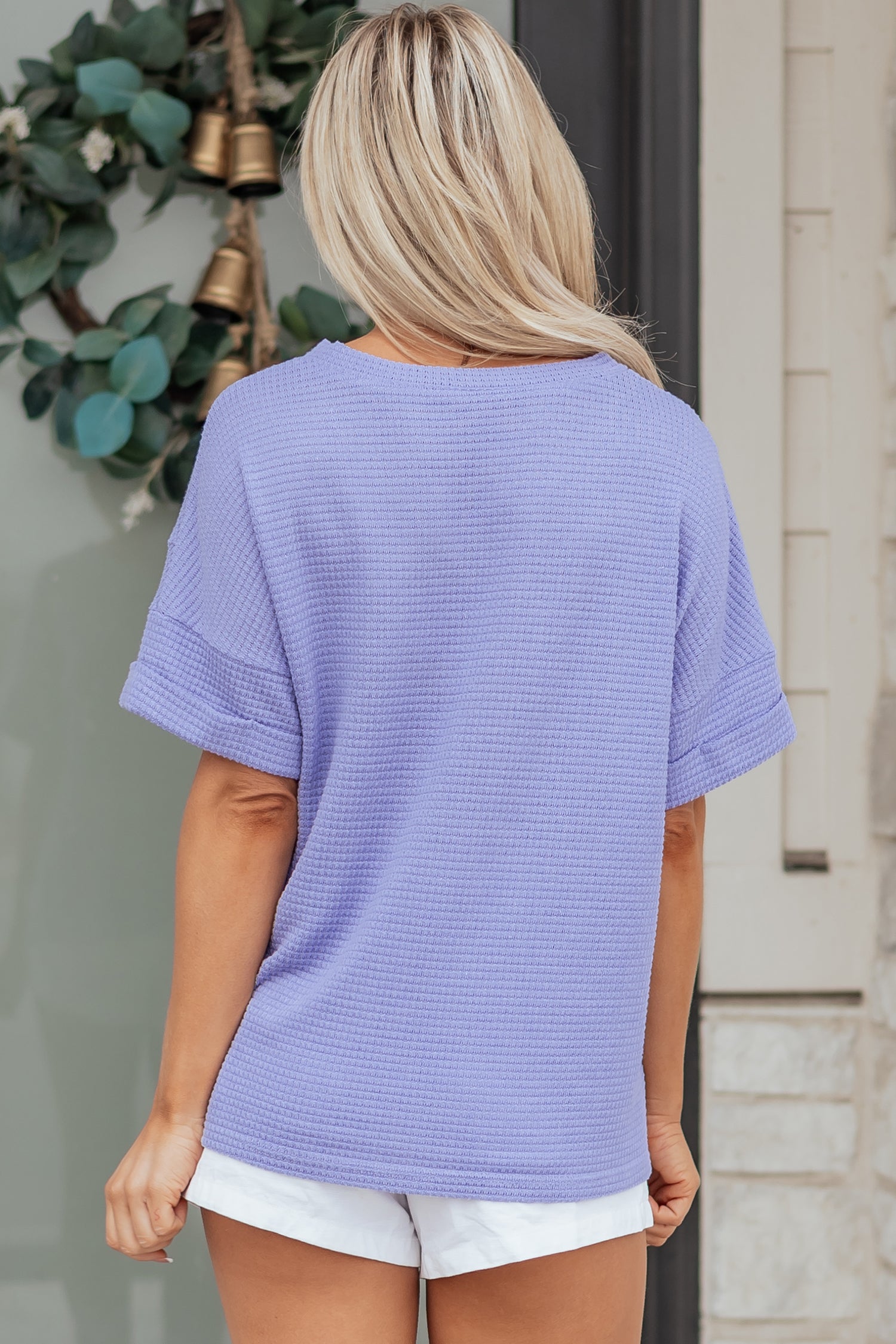 Grapefruit Orange Waffle V Neck Short Sleeve Knit Top