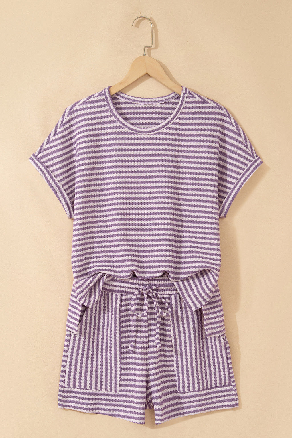 Pink Stripe Breathable Textured Knit Short 2pcs Set