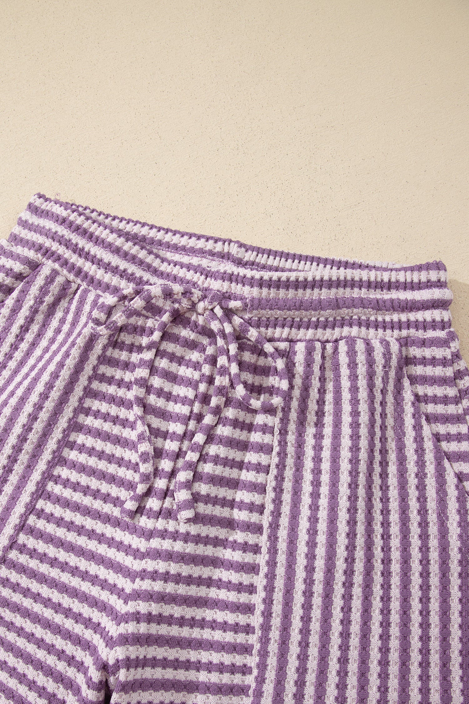 Pink Stripe Breathable Textured Knit Short 2pcs Set