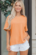 Grapefruit Orange Waffle V Neck Short Sleeve Knit Top